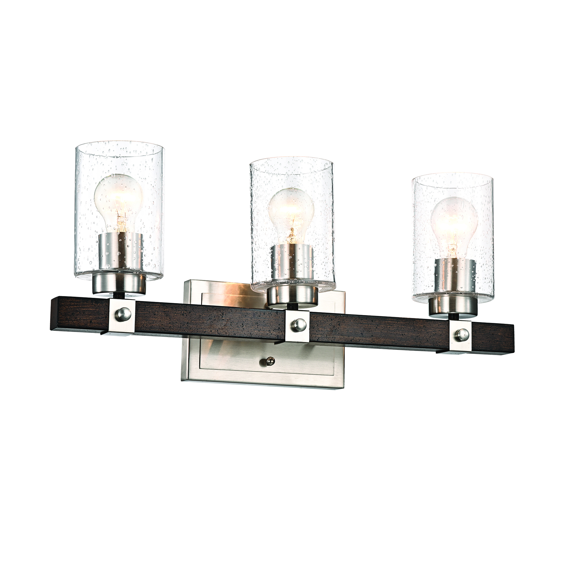3-Light Brushed Nickel And Wood Vanity With Seedy Glass Sconces ... intended for Aliana 3-Light Brushed Nickel Vanity With Seedy Glass Shades