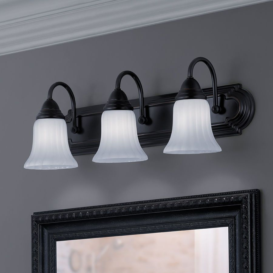 3 Light Oil-Rubbed Bronze Bathroom Vanity Frosted Glass Shade Above ... with regard to Maximizing Style and Functionality with the Allie 3-Light Vanity Fixture