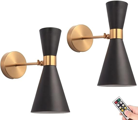 Anuomy Indoor Black Wall Sconce Set Of Two Battery Operated With Remote ... within Aeneas 17 In. 3-Light Indoor Matte Black And Brass Finish Wall Sconce