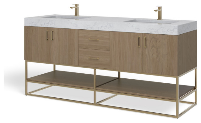 Bahia Bath Vanity, 72" - Contemporary - Bathroom Vanities And Sink ... with Bahia Bath Vanity, Oak, 72", Brushed Gold Hardware, Double, Freestanding