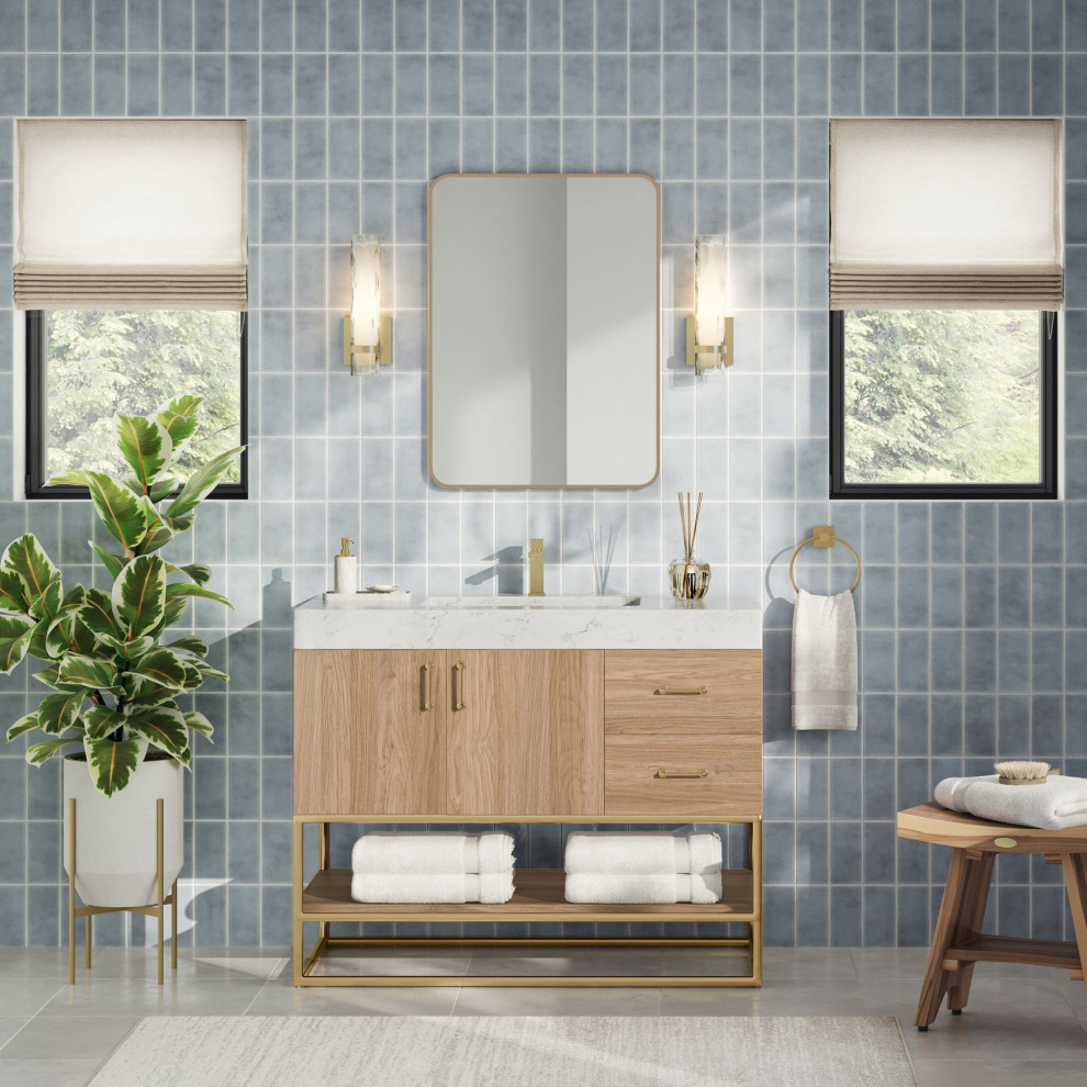 Bahia Bath Vanity, Oak, 42", Brushed Gold Hardware, Single ... within Bahia Bath Vanity, Oak, 48", Brushed Gold Hardware, Single, Freestanding