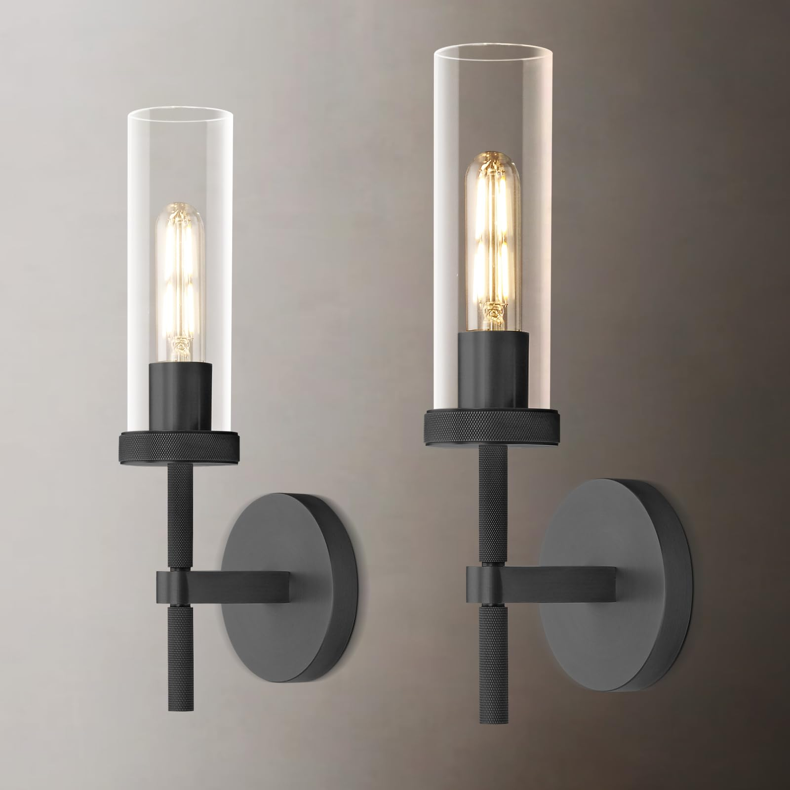 Black Wall Sconces Set Of Two, 14" Knurled Linear Sconce, Glass Wall ... within Alfie 2-Light Wall Sconce, Black