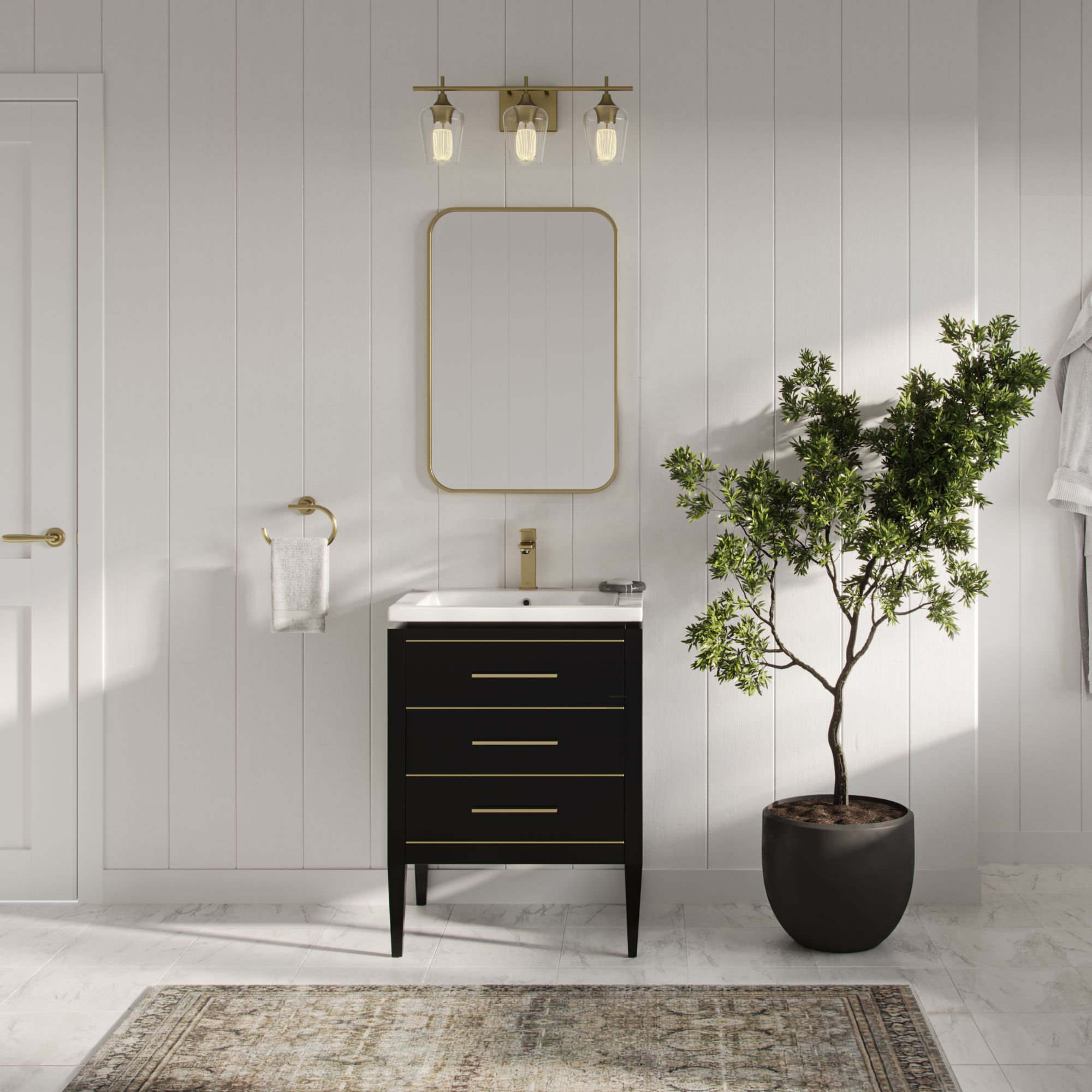 Creating a Luxurious Bathroom Oasis with a Black Vanity and Brass Details