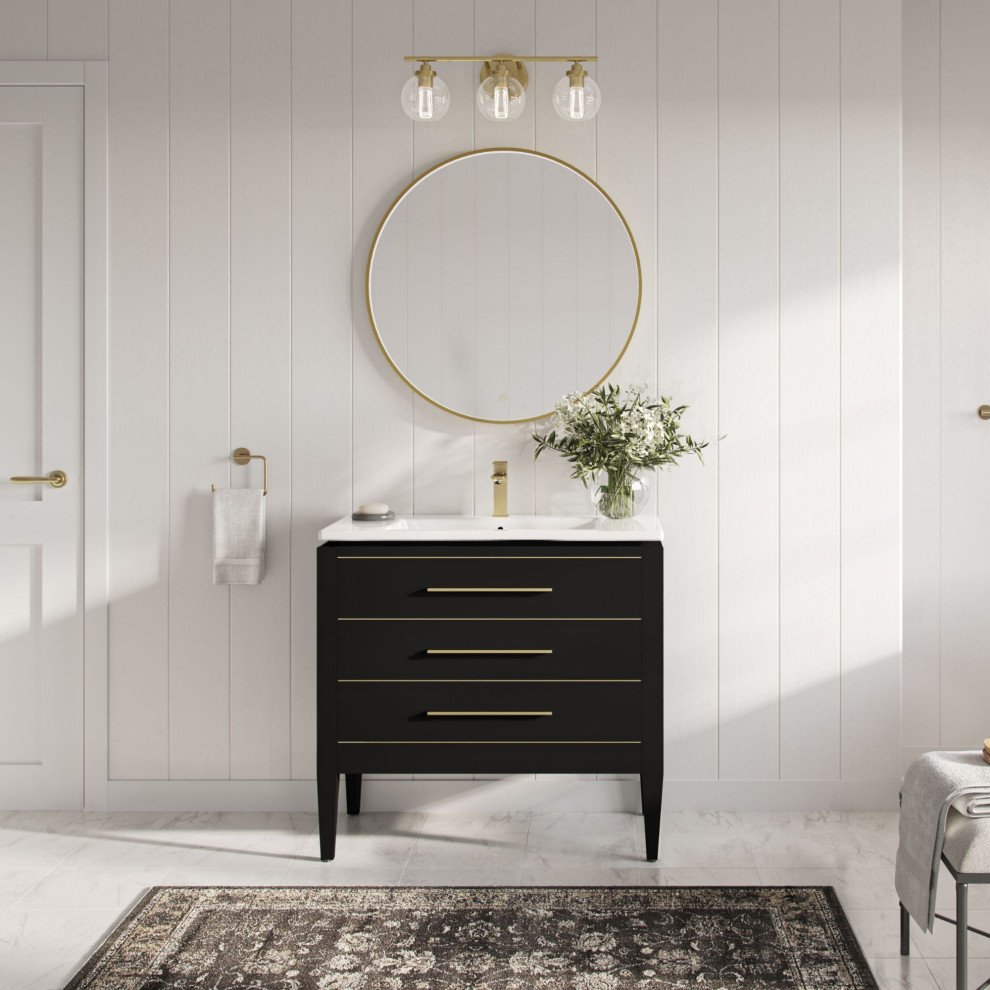 Celios Bathroom Vanity, Single Sink, 36", Black With Brass Trim ... throughout Celios Bathroom Vanity, Black With Brass Trim, 30", Single Sink, Freestanding