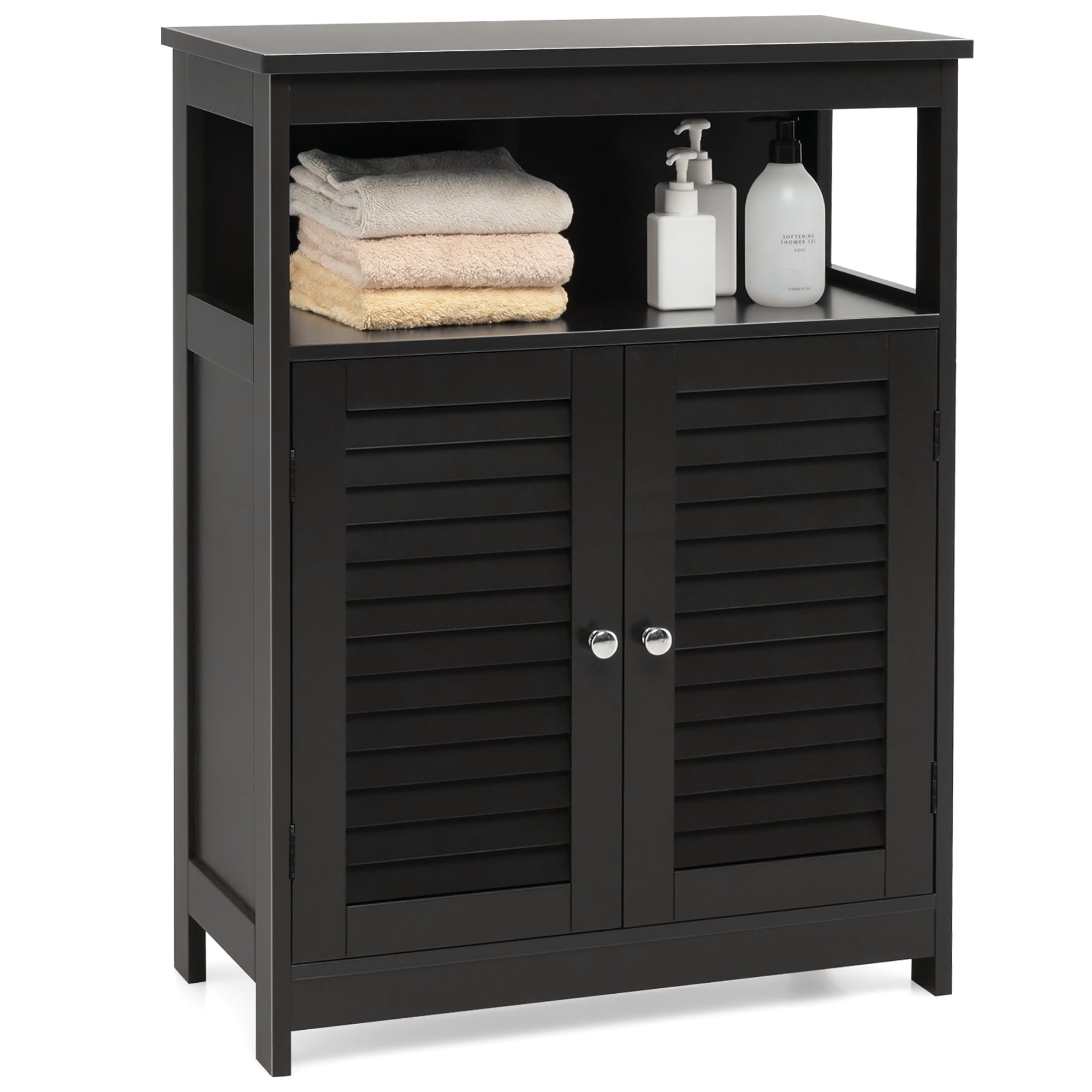Costway Bathroom Storage Cabinet Wood Floor Cabinet W/ Double Shutter ... in Costway Bathroom Wood Storage Cabinet W/ Double Shutter Door