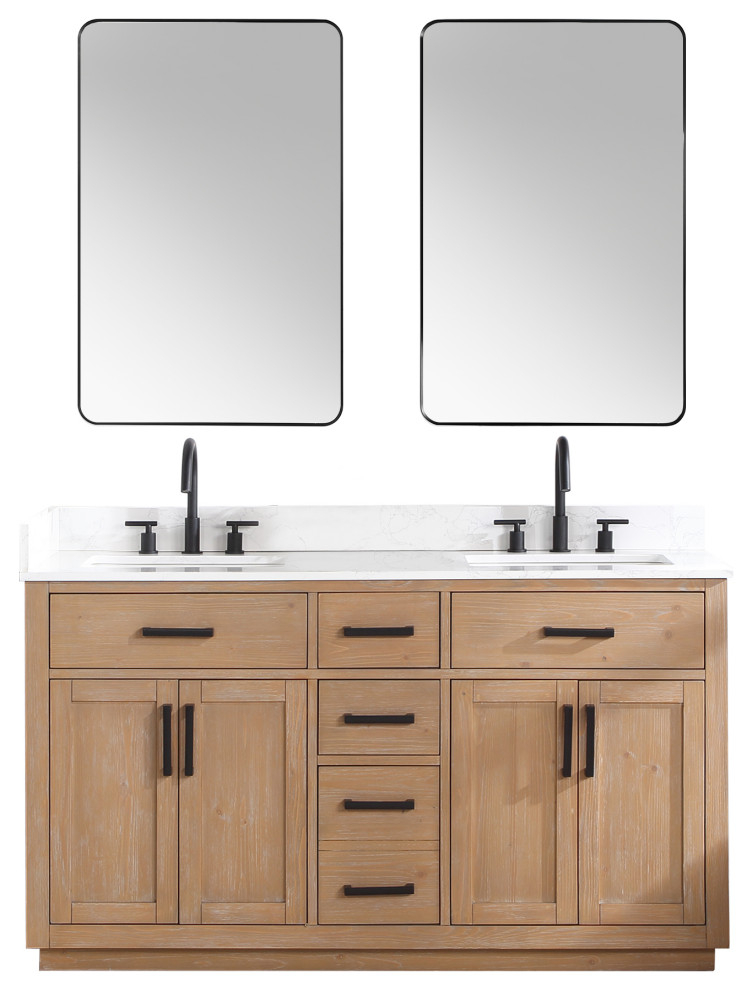 Gavino Vanity With Grain White Composite Stone Top, 60" - Farmhouse ... regarding Gavino Vanity With Grain White Composite Stone Top, Light Brown/Matte Black, 60", No Mirror