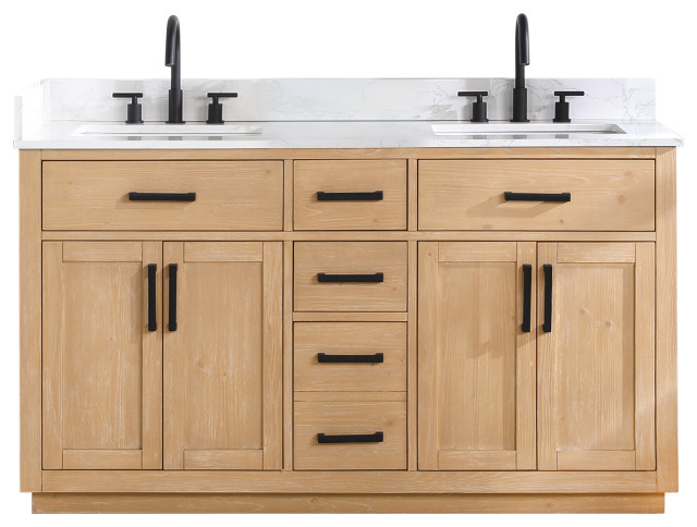 Gavino Vanity With Grain White Composite Stone Top, 60" - Transitional ... throughout Gavino Vanity With Grain White Composite Stone Top, Light Brown/Matte Black, 60", No Mirror