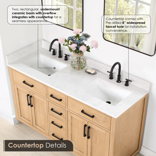 Gavino Vanity With Grain White Composite Stone Top, 60" - Transitional ... with regard to Gavino Vanity With Grain White Composite Stone Top, Light Brown/Matte Black, 60", No Mirror