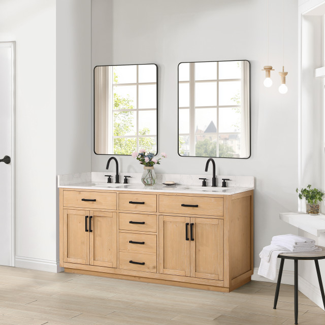 Gavino Vanity With Grain White Composite Stone Top, 72" - Transitional ... in Gavino Vanity With Grain White Composite Stone Top, Light Brown/Matte Black, 60", No Mirror