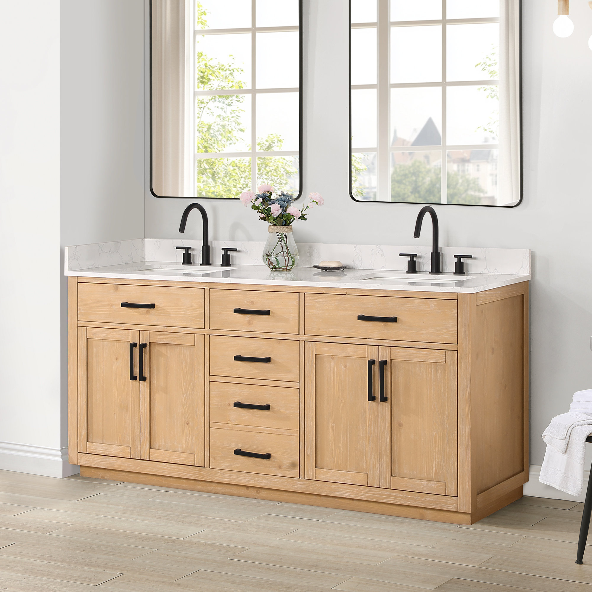 Gavino Vanity With Grain White Composite Stone Top, 72" - Transitional ... in Gavino Vanity With Grain White Composite Stone Top, Light Brown/Matte Black, 60", No Mirror
