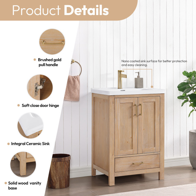 Gela Single Bath Vanity With Ceramic Basin Top, 24" - Transitional ... in Gela Single Bath Vanity With Ceramic Basin Top, Fir Wood Brown, 24", No Mirror