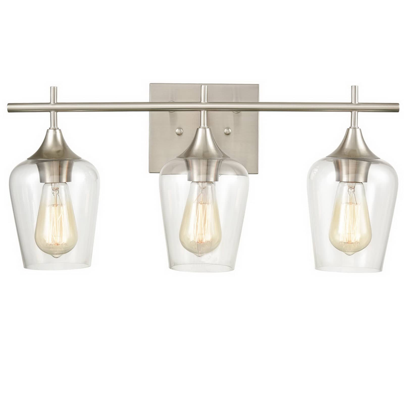 Modern Brushed Nickel Bathroom Wall Sconces | Claxy for Aiken Collection Three-Light Clear Glass Brushed Nickel Bath Vanity Wall Light
