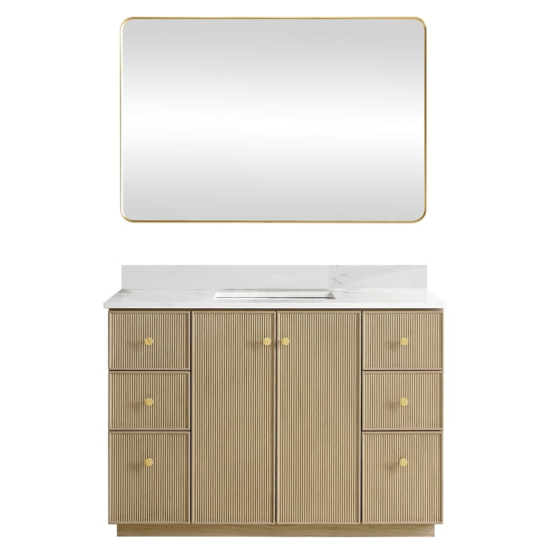 Oza 48" Bath Vanity In Aged Natural Oak With Fish Maw White Quartz ... inside Choosing the Right Oza Vanity Material for Your Dream Bathroom