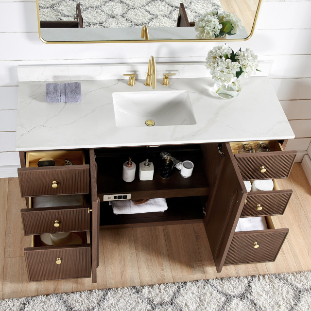 Oza Bath Vanity With Quartz Stone Top, 60" - Transitional - Bathroom ... for Oza Bath Vanity With Quartz Stone Top, Aged Natural Oak, 72", Double Vanity, No Mirror