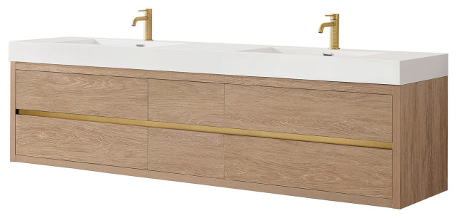 Palencia Floating Bath Vanity With Composite Stone Top, 84" - Modern ... in Palencia Floating Bath Vanity With Composite Stone Top, North American Oak, 24", No Mirror