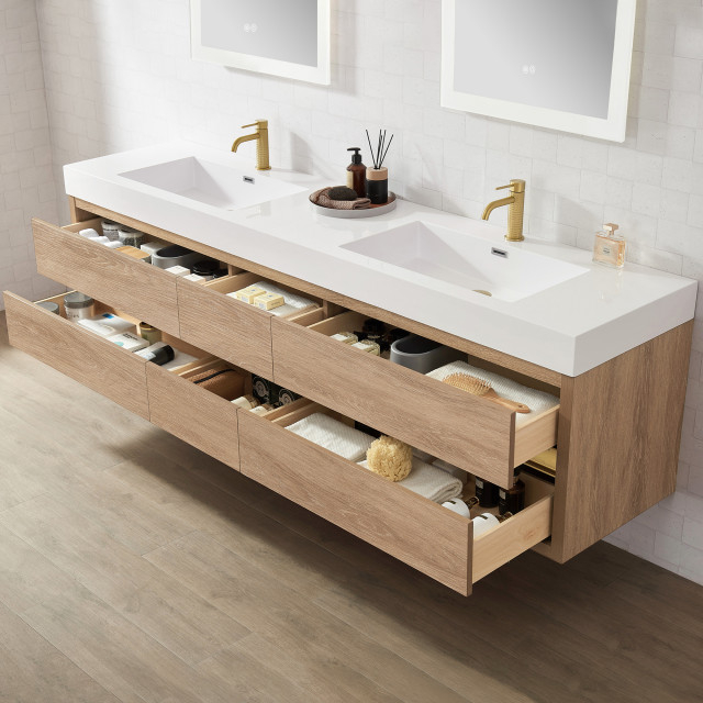 Palencia Floating Bath Vanity With Composite Stone Top, 84" - Modern ... with regard to Palencia Floating Bath Vanity With Composite Stone Top, North American Oak, 24", No Mirror