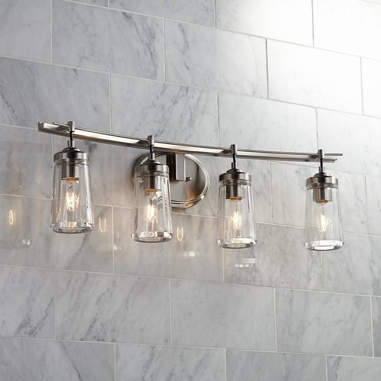 Poleis 32" Wide 4-Light Brushed Nickel Bath Vanity Light - #9G441 ... regarding Aiken 4-Light Clear Glass Vintage Bath Vanity Light, Brushed Nickel