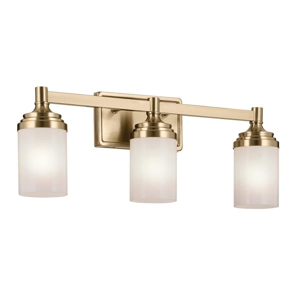 Vanity Lights That Match Delta Champagne Bronze Faucets And Bathroom ... regarding Aenon 3-Light Vanity Light, Brushed Champagne Bronze With Hammered Water Glass