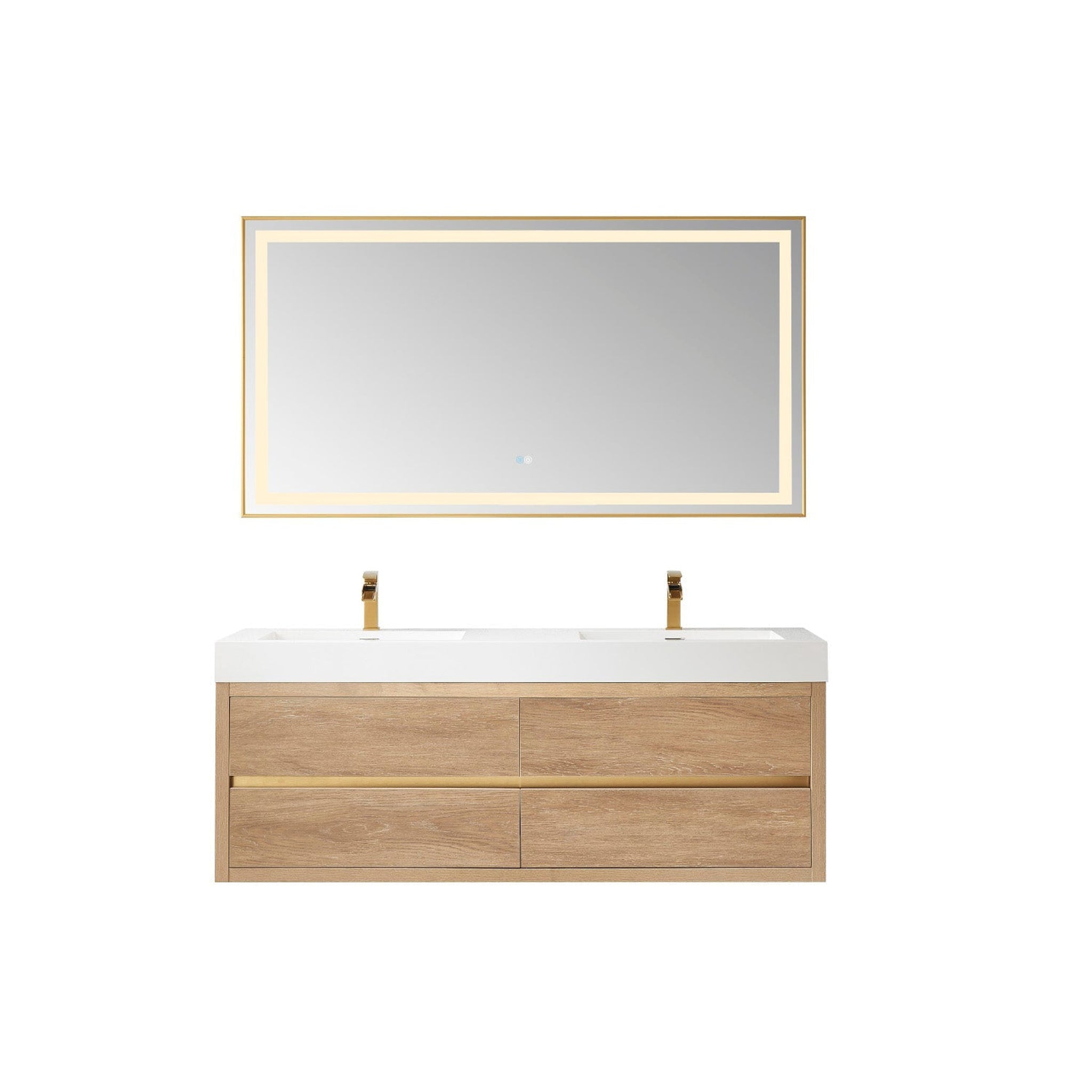 Vinnova Palencia 60" Double Sink Wall-Mount Bath Vanity In North ... in Palencia Floating Bath Vanity With Composite Stone Top, North American Oak, 24", No Mirror