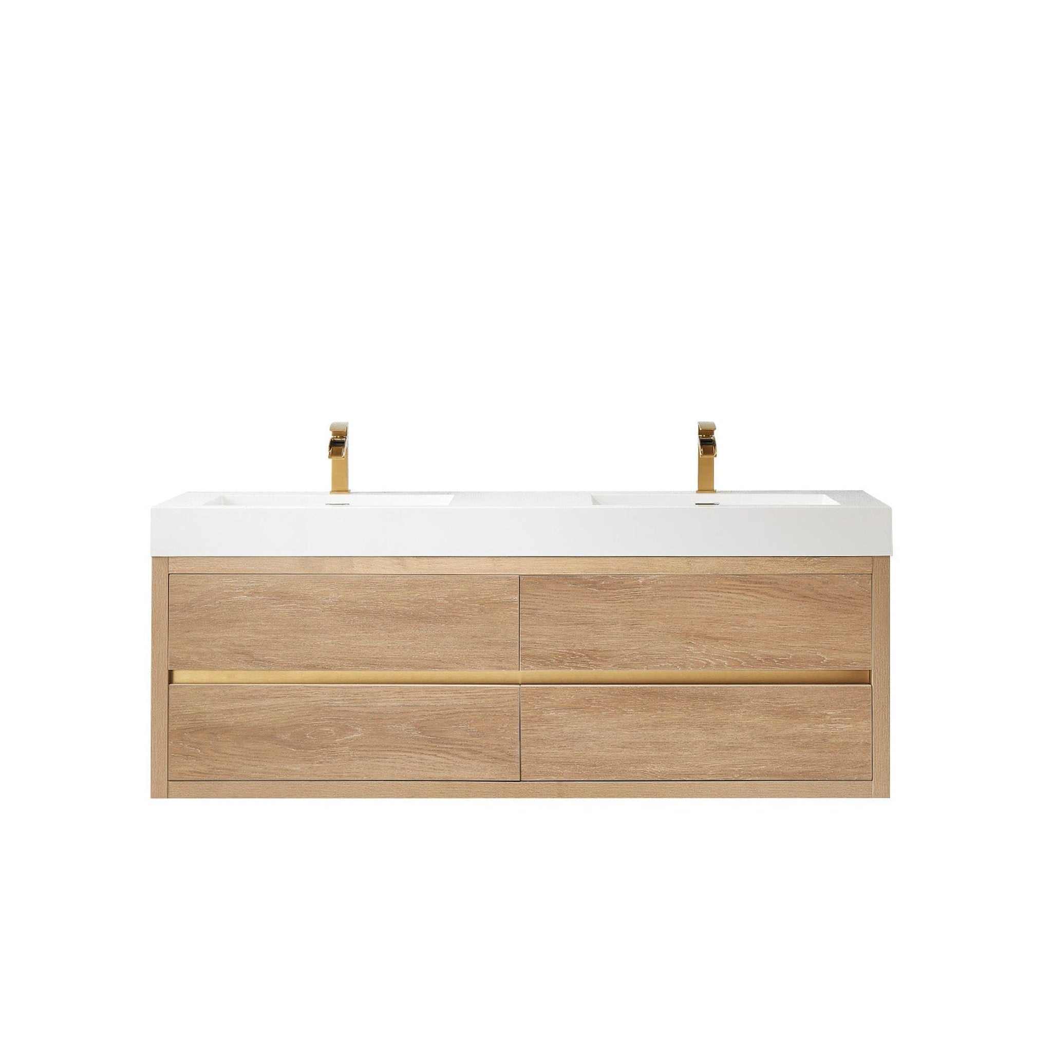 Vinnova Palencia 60" Double Sink Wall-Mount Bath Vanity In North ... throughout Palencia Floating Bath Vanity With Composite Stone Top, North American Oak, 24", No Mirror