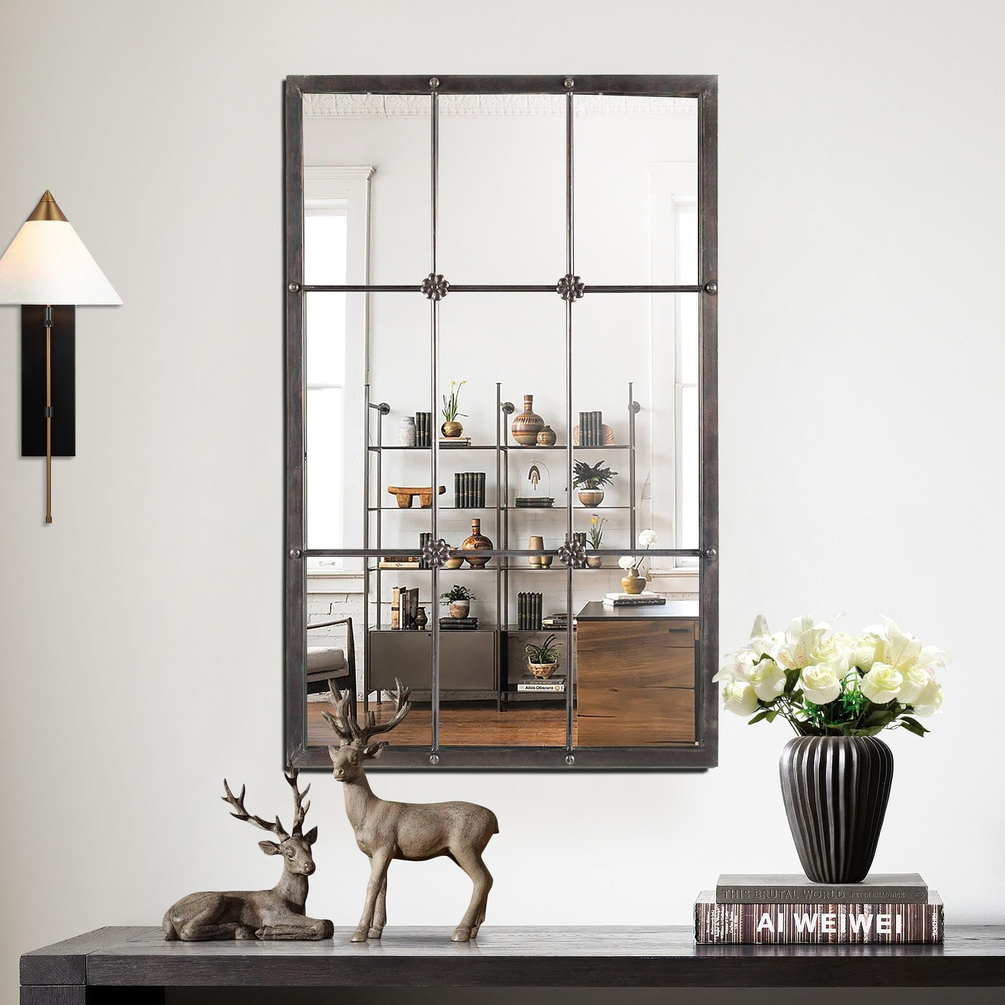Amazon.com: Luxenhome Rustic Brown Metal Frame Window Pane Wall Mirror ... pertaining to Choosing the Perfect Rustic Brown Mirror for Your Home