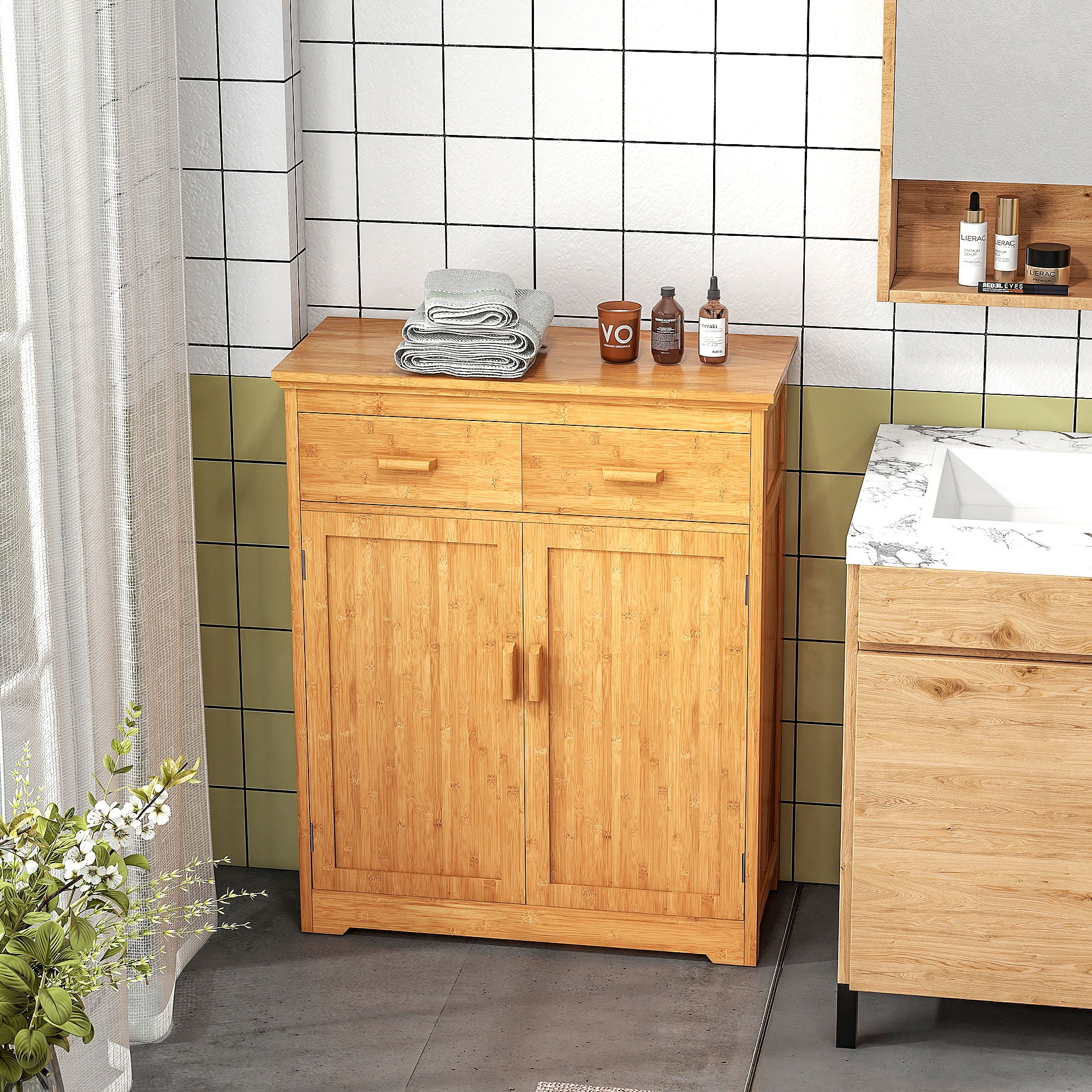 Bathroom Storage Cabinet, Bamboo Floor Cabinet With Drawers, Double ... pertaining to Beyond Storage How a Bamboo Floor Cabinet Enhances Bathroom Aesthetics