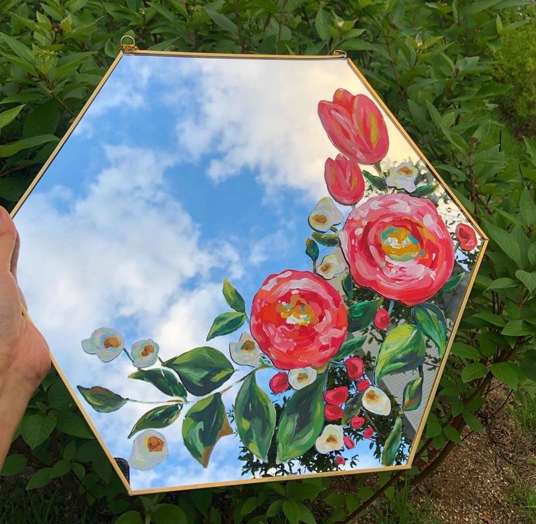 Flower Painted Mirror | Pintura De Espejos, Arte En Lienzo, Pinturas regarding Beyond Reflection Exploring the Artistry of Flower Design Frameless Mirrors