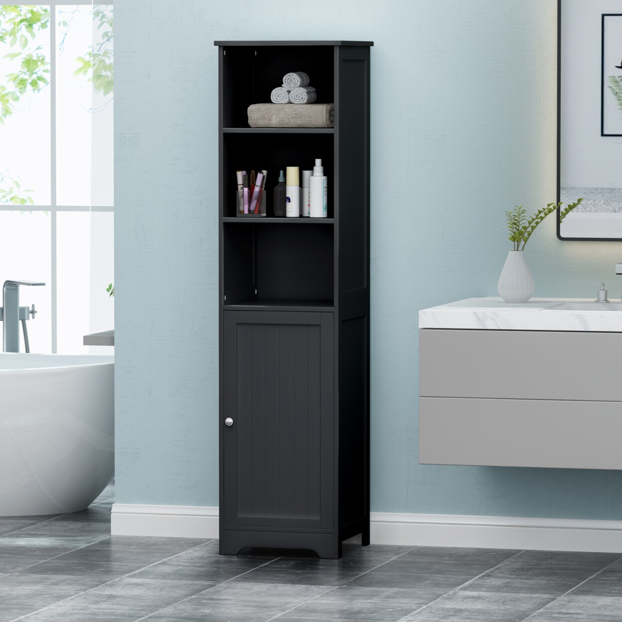 Gdf Studio Lauren Modern Free Standing Bathroom Linen Tower Storage ... regarding
