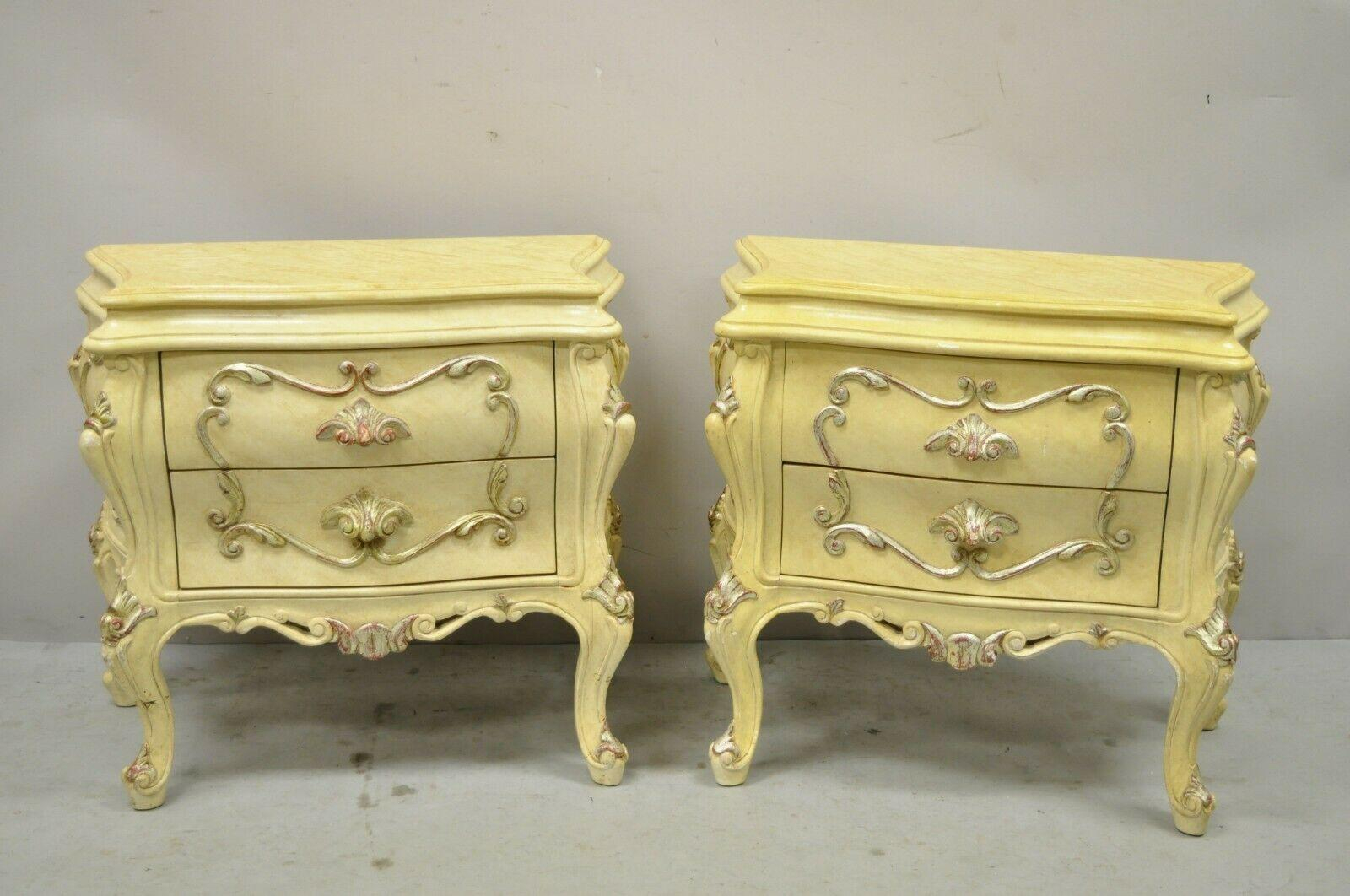Italian Rococo Cream Lacquer 2 Drawer Nightstands Bombe Bedside Commode ... inside