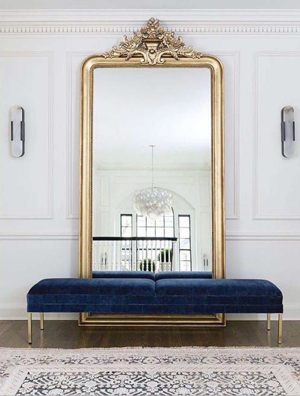 Large Floor Mirror With Bench In Front, Foyer, Entryway, Gold | House ... regarding The Art of Reflection How Full Length Mirrors Enhance Your Home