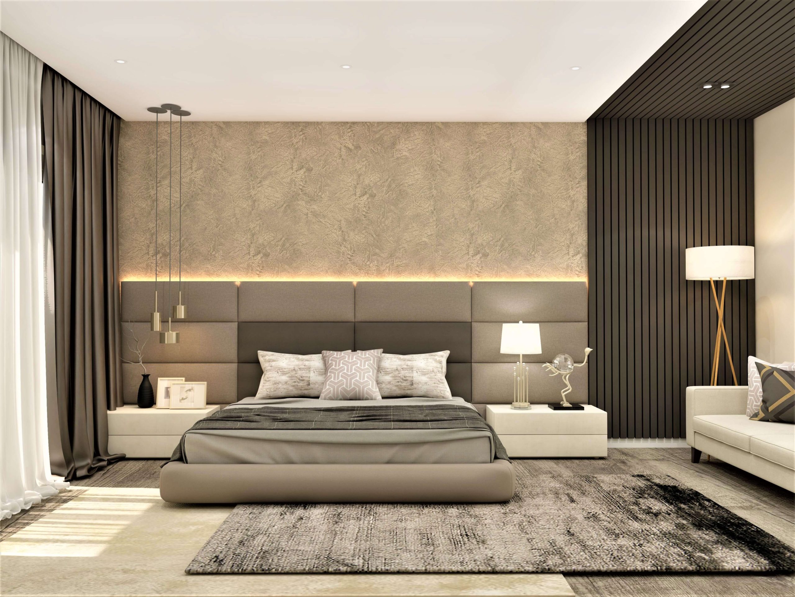 Master Bedroom Design With Fluted Panelling &Amp; Pendant Lights ... throughout