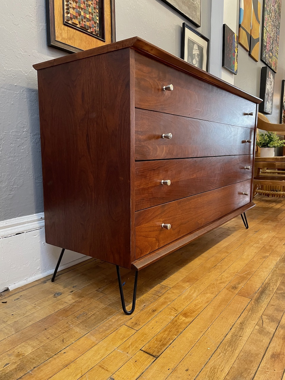 Mid Century Walnut 4 Drawer Low Dresser On Hairpin Legs | Circa in Abelard Dresser Unveiled A Guide to Mid-Century Walnut Beauty