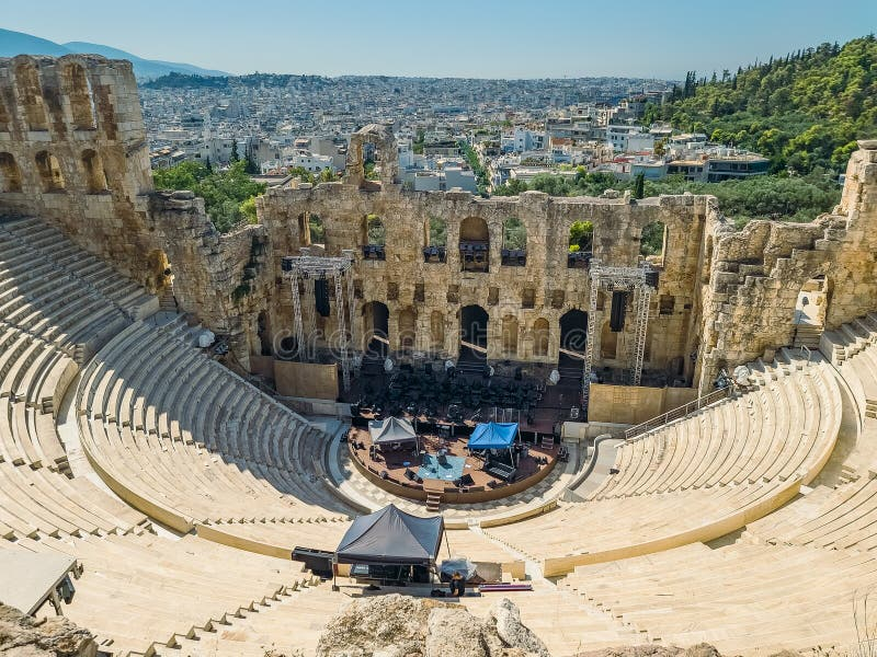 Setting Up Event At Odeon Of Herodes Atticus Stock Photo - Image Of ... inside Installation Insights A Practical Guide to Setting Up Your Acropolis Linear Light