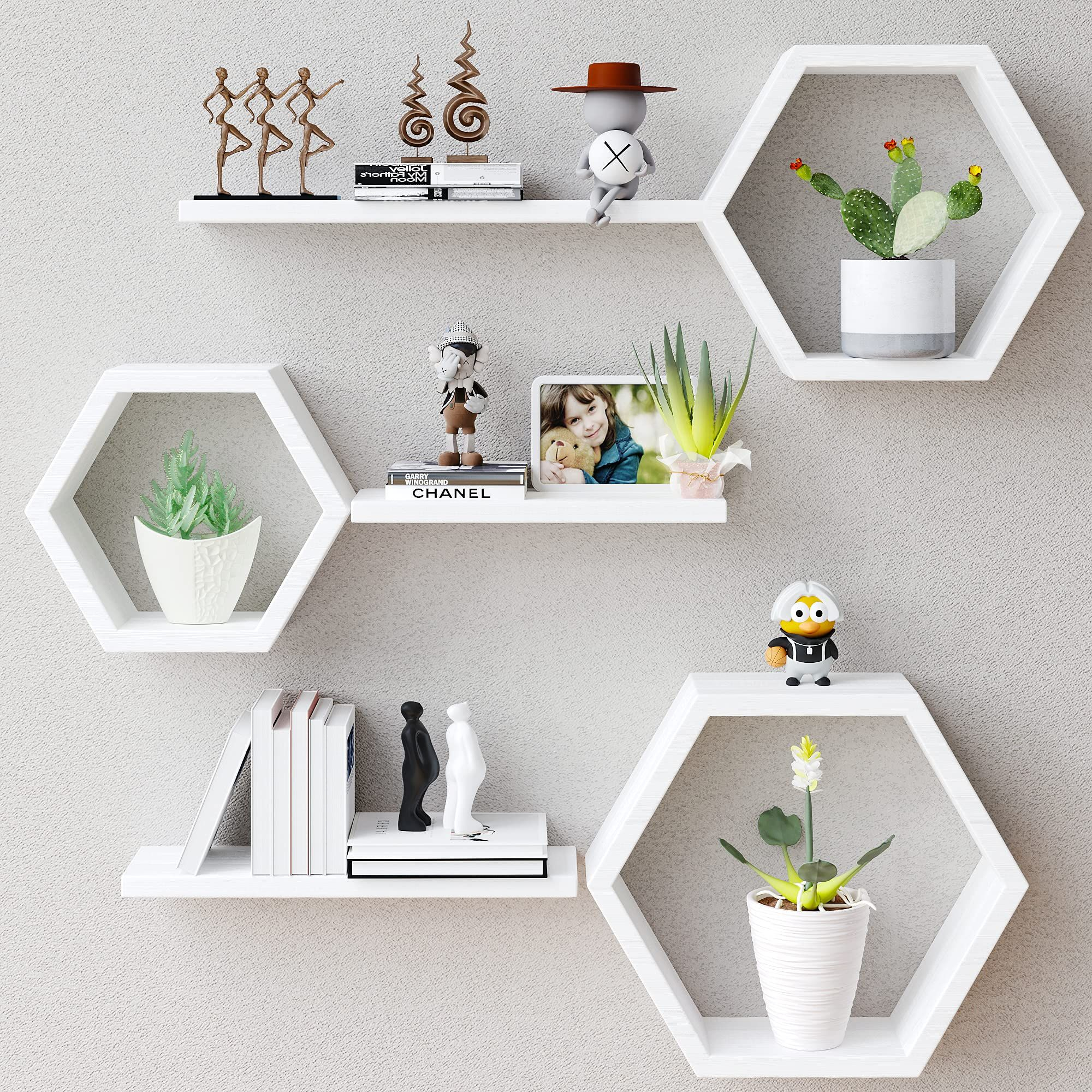 Wooden Hexagon Floating Shelves Wall Mounted - Set Of 6 Pine Wood ... in