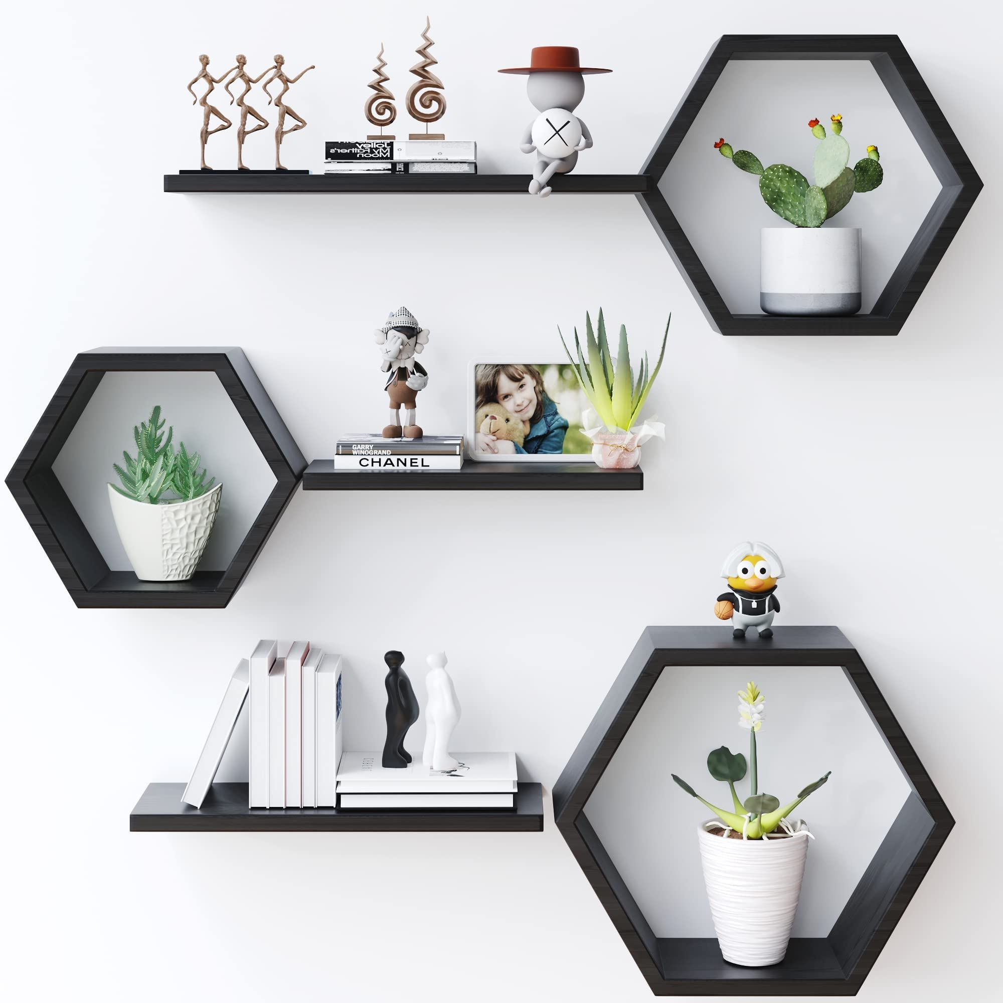 Wooden Hexagon Floating Shelves Wall Mounted - Set Of 6 Pine Wood ... throughout