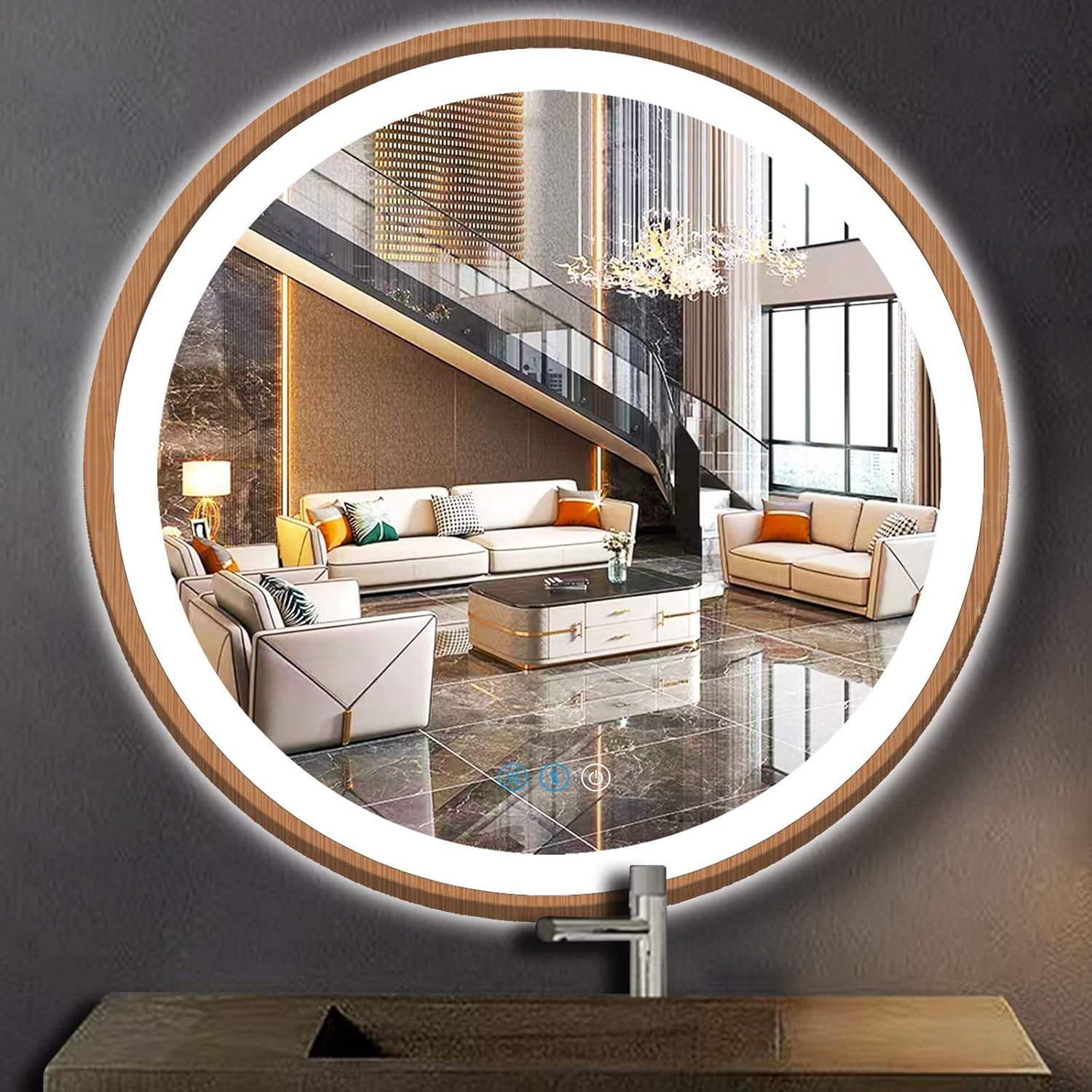 Amazon.com: Arumma 24 Inch Wood Bathroom Round Led Mirror With Lights ... intended for Finding the Perfect Placement for Your 26" Round Brown Wood Frame Mirror Style Tips