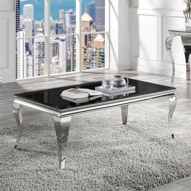 Bowery Hill Glam Glass Top Coffee Table In Black And Silver Finish ... in The Enduring Appeal of Silver Exploring the Bowery Hill Etagere