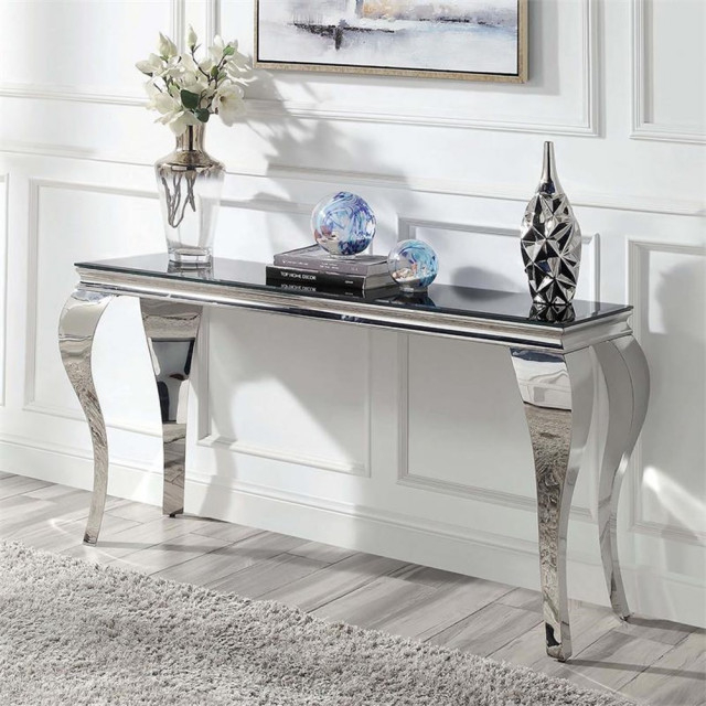 Bowery Hill Glam Glass Top Sofa Table In Black And Silver Finish ... in The Enduring Appeal of Silver Exploring the Bowery Hill Etagere