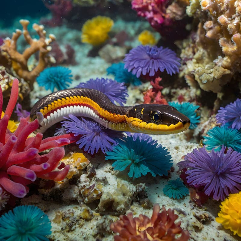 "Coral Reef Snake Gliding Through Vibrant Sea Anemones In The ... pertaining to Living with the Dark Brown Anemone Dresser Practical Beauty for Any Space