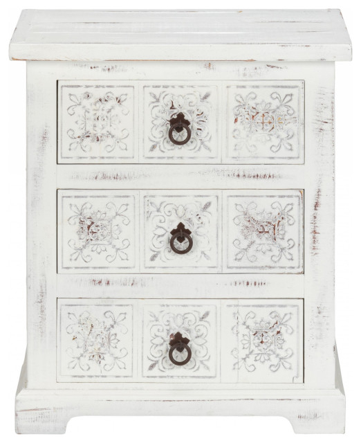 Distressed White Wooden Carved 3 Drawer Cabinet - Farmhouse - Accent ... in