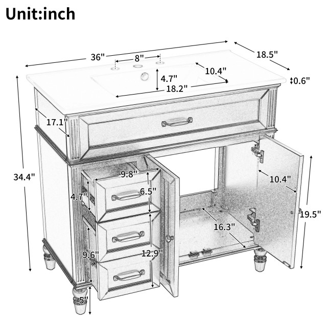 Gdf Studio 36"W Bathroom Vanity With Sink, Storage Cabinet &Amp; Soft-Close ... in