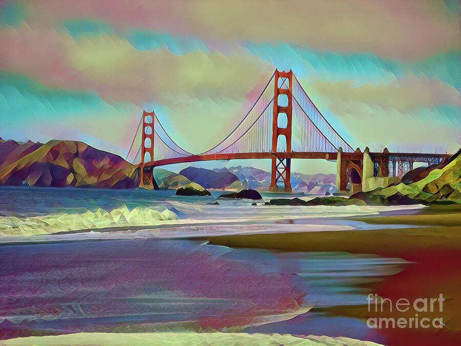 Golden Gate Bridge Art Deco San Francisco Digital Art By Chuck Kuhn ... for The Unique Materials and Techniques in Dimensional Golden Gate Bridge Art