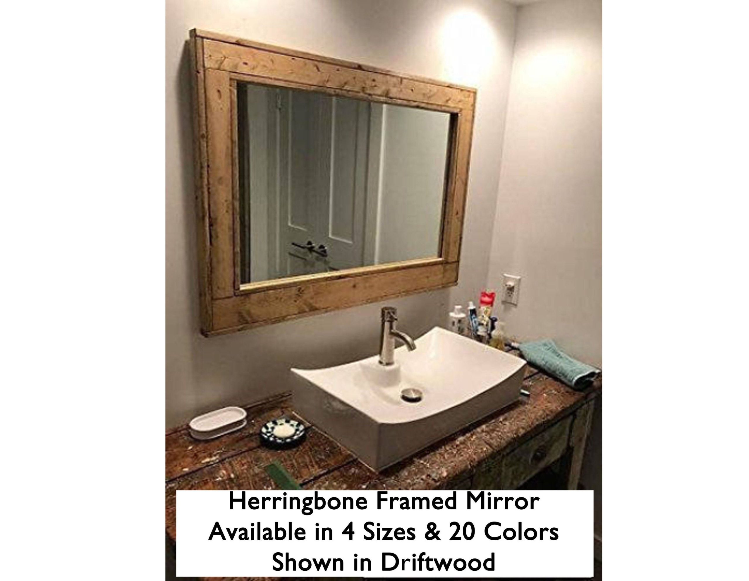 Large Framed Herringbone Reclaimed Wood Mirror Bathroom | Etsy | Wood ... regarding Designing with Driftwood Elevating Interiors with a 42-inch Mirror