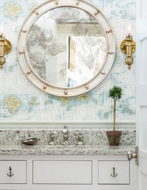 Modern Porthole Mirror In Nautical Bathroom With Map Wallpaper... Http ... with