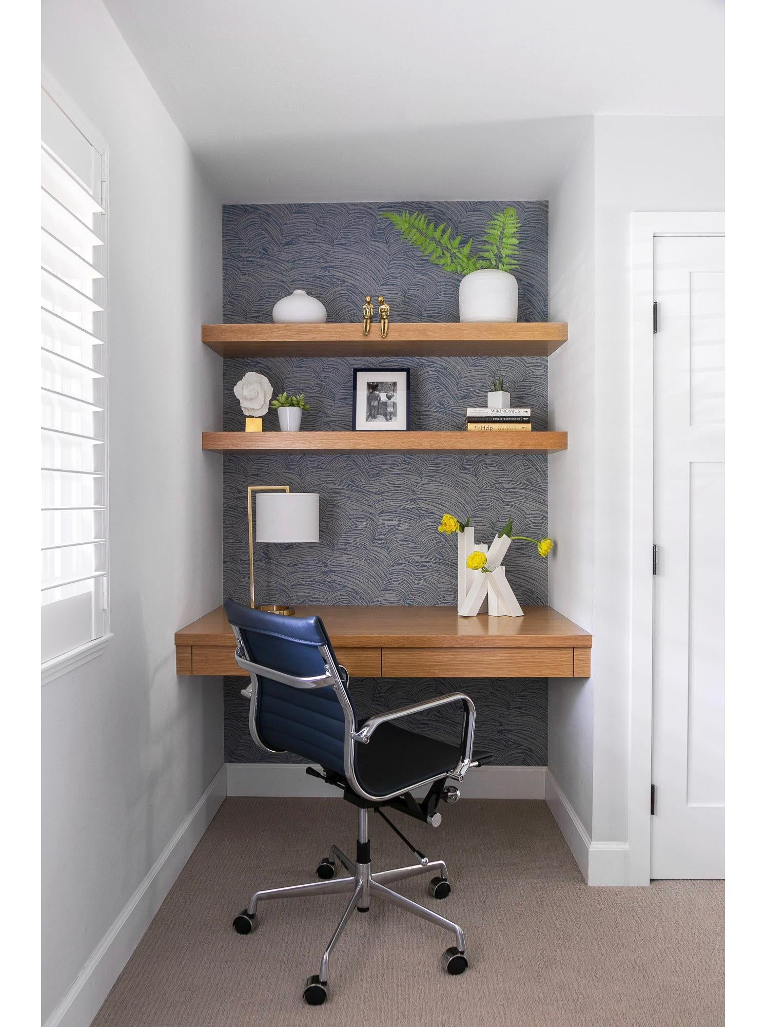Modern Workspace In Niche With Floating Desk, Shelves And Blue ... regarding Designing Functional Spaces with Floating Desks and Integrated Storage