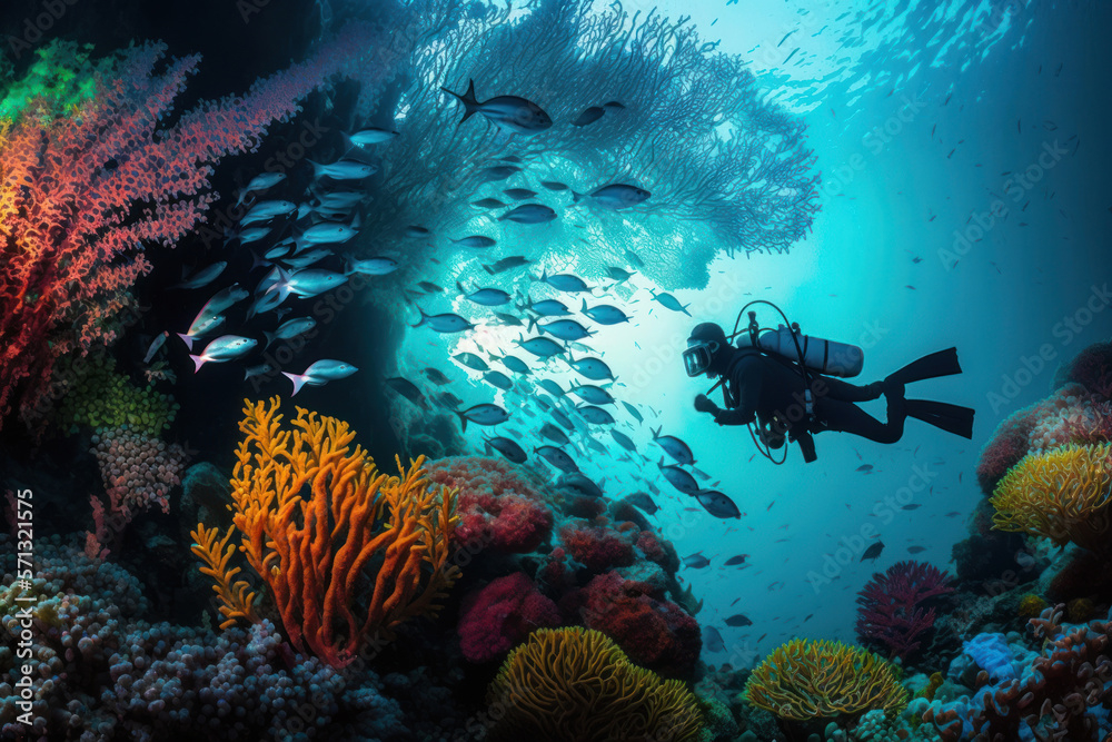 Person Scuba Diving In A Coral Reef, With Colorful Fish And Underwater ... with regard to A Deep Dive into Beauty Appreciating Fish Intaglio as Fine Art