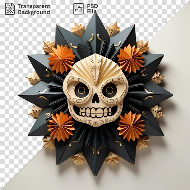 Premium Psd | Origami Skull And Orange Flowers Adorn A White Wall With ... pertaining to