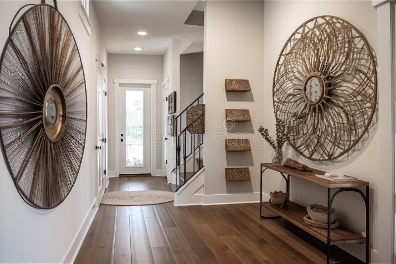 Sculpted Metal Wall Art Decorates The Entryway Of A Bohemian Home, With ... pertaining to The Art of the Entryway Curating Ambiance Through Wall Finishes