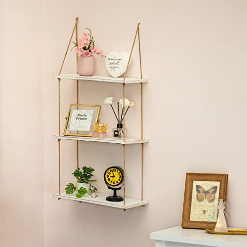 Sziqiqi Rope Shelves White Floating Shelf 3-Tier Wood Hanging Wall ... pertaining to Achieving a Modern Look with Floating Shelves and 3-Tier Wood Designs