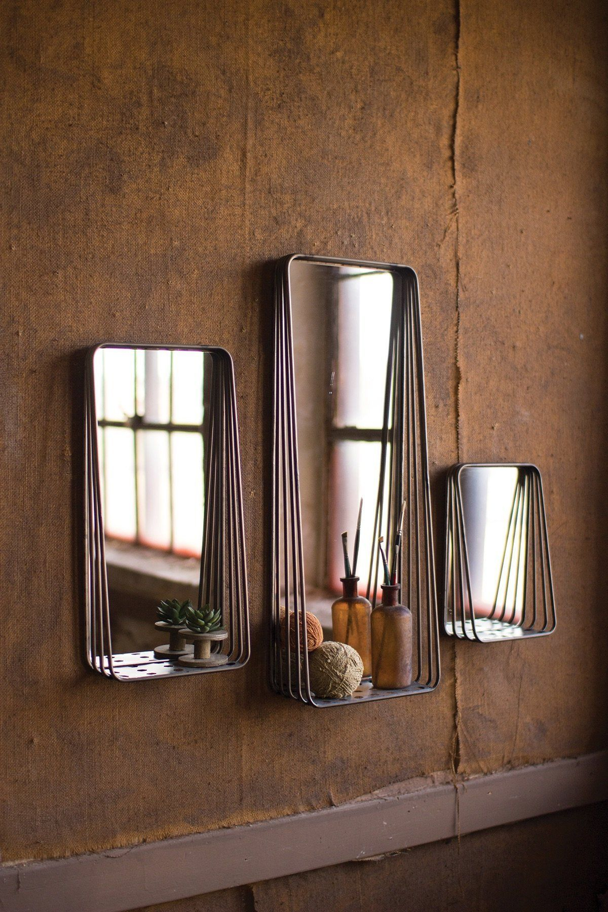 Tall Metal Framed Mirrors With Shelves - Set Of 3 | Rustic Furniture ... regarding A Deep Dive Into the Design of Lintz Metal Framed Mirrors